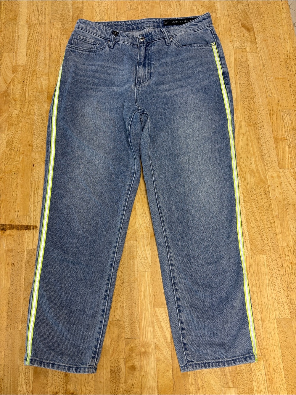 Armani Exchange J16 Boyfriend Cropped Neon Side Stripe Denim Jeans 28